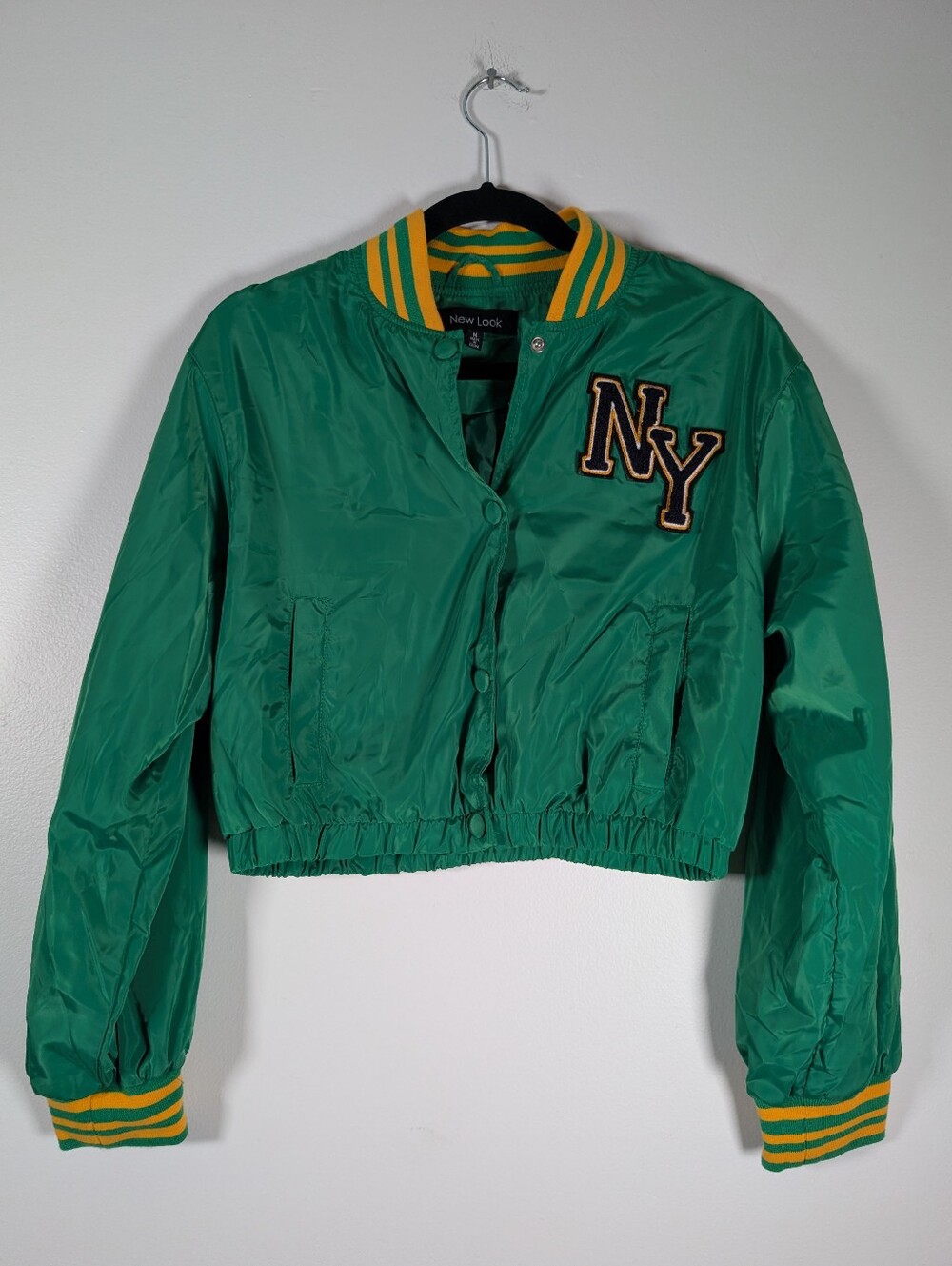 New Look Green Cropped Varsity Jacket with Yellow Trim Size M